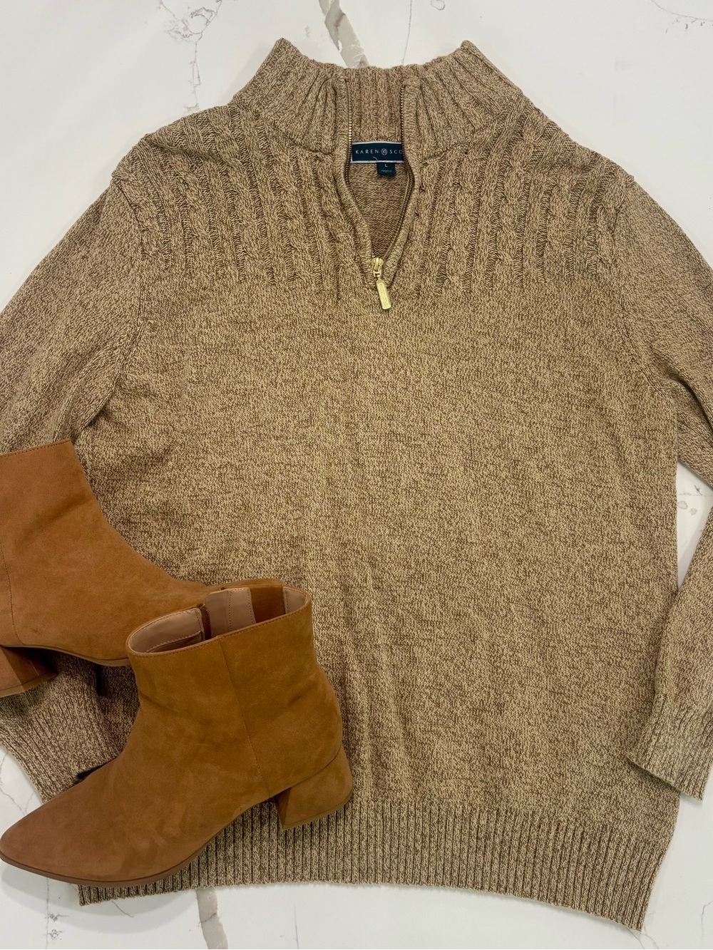 Karen Scott Taupe Half-Zip Cable Knit Sweater 100% cotton